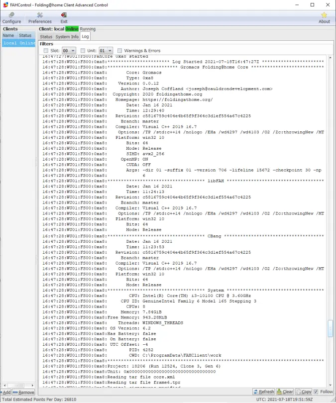 Figure 19. F@H Sample Log file.