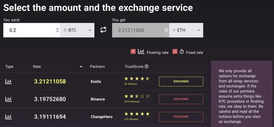 Select the cryptocurrencies and enter the amounts you want to exchange. Choose the exchange deal.
