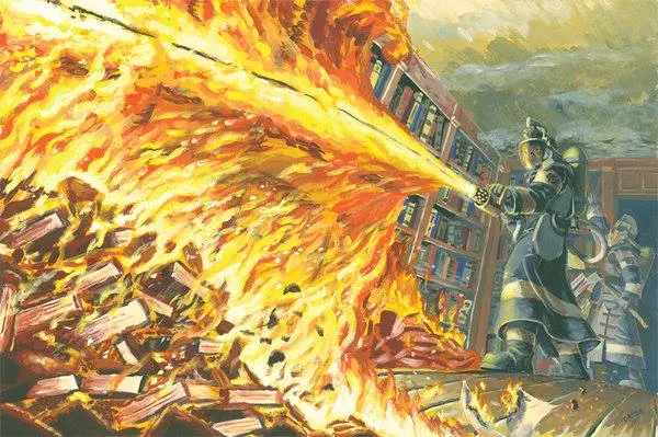 Firemen burning books with flamethrowers - Fahrenheit 451