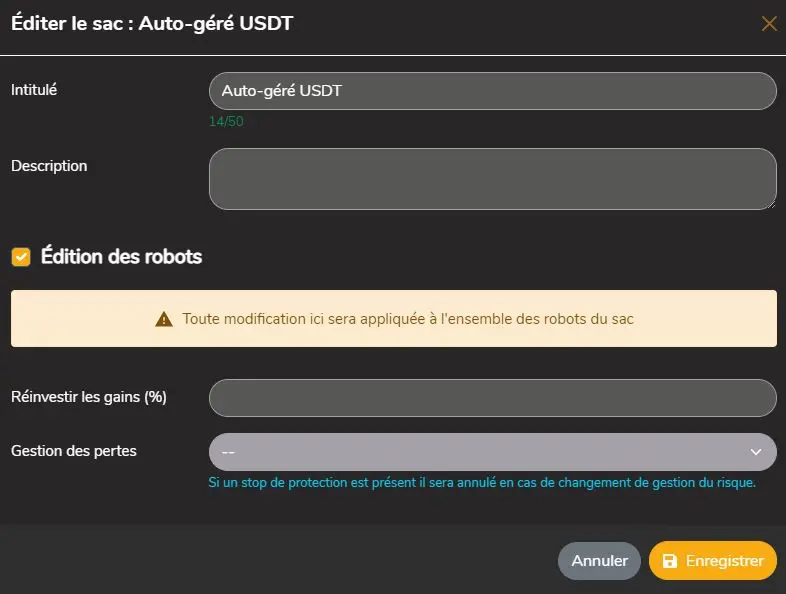 Fenêtre de personnalisation du sac