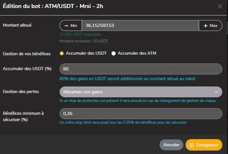 Fenêtre de modification avancé d'un bot