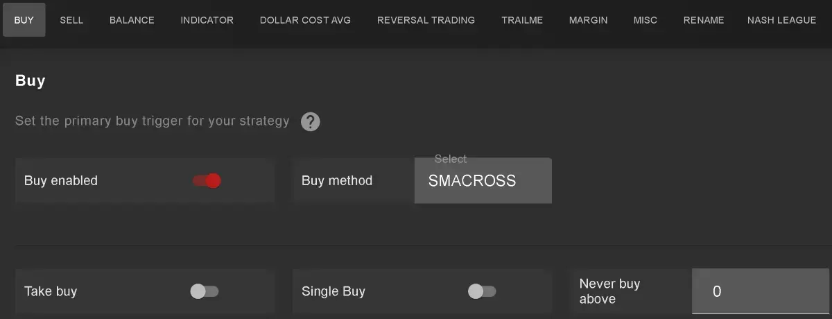 Gunbot SMACROSS Strategy BUY Settings on GUI