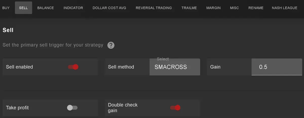 Gunbot SMACROSS Trading Strategy SELL settings on GUI
