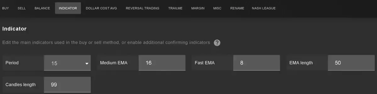 Gunbot SMACROSS Strategy Indicators Settings on GUI