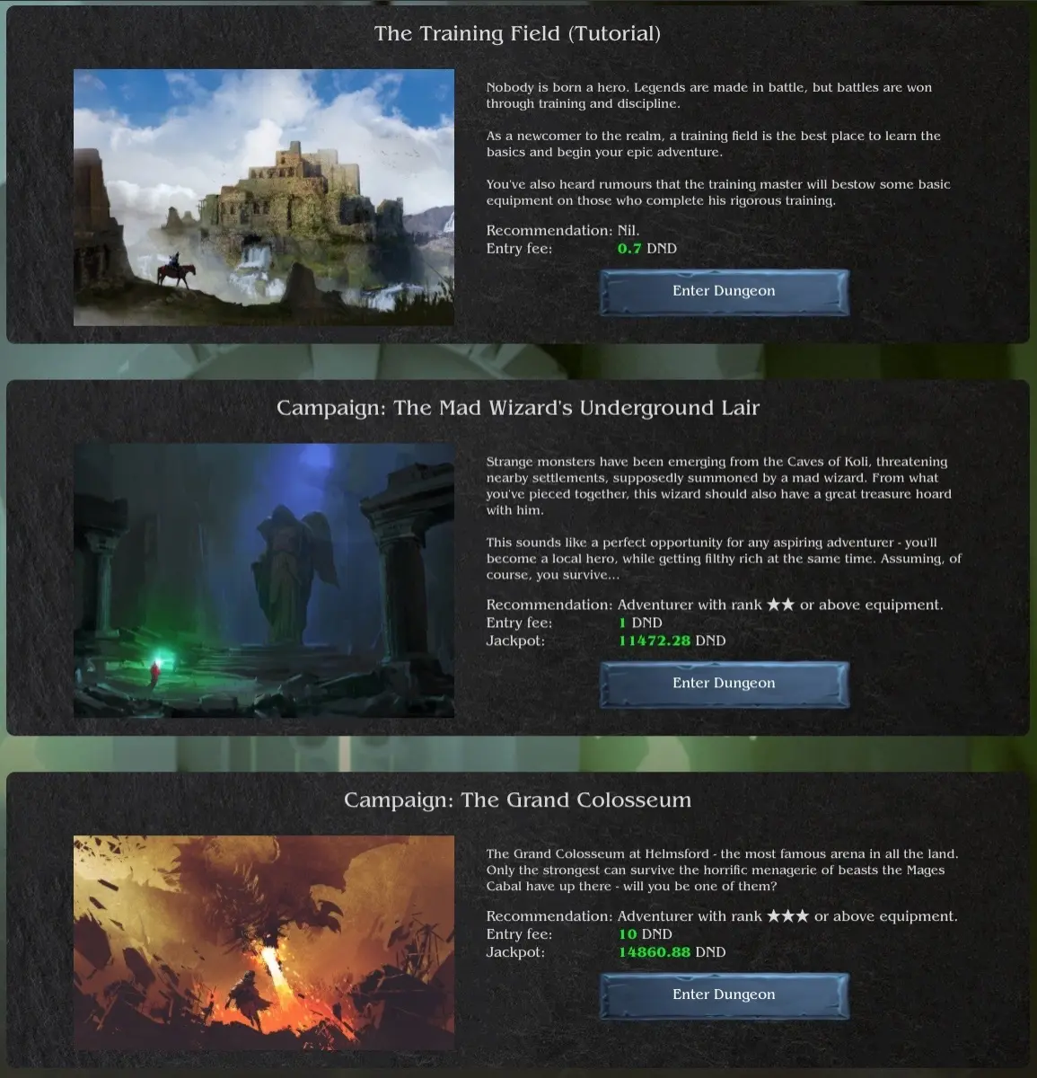 The 3 dungeons in first game release.