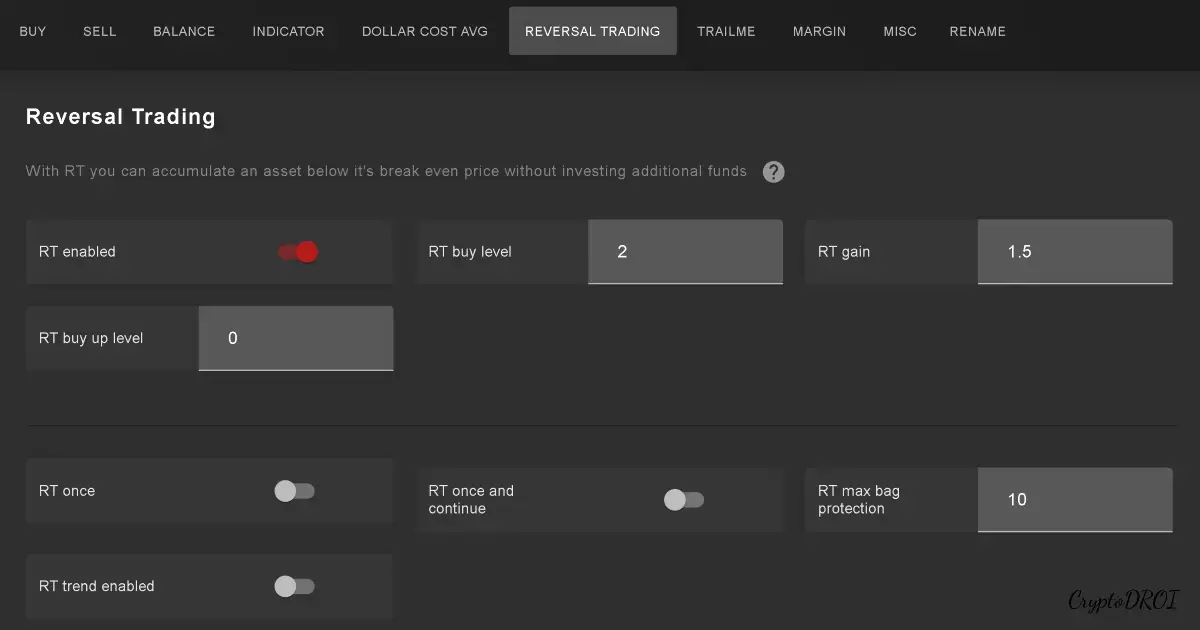 Gunbot GUI Reversal Trading (RT) Settings