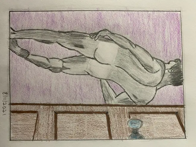 Man leaning on door, looking away from us - pencil, colored pencil