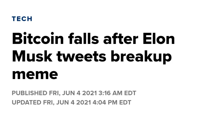 News Report about BTC, For more details, click the link(https://www.google.com/amp/s/www.cnbc.com/amp/2021/06/04/bitcoin-falls-after-elon-musk-tweets-breakup-meme.html)