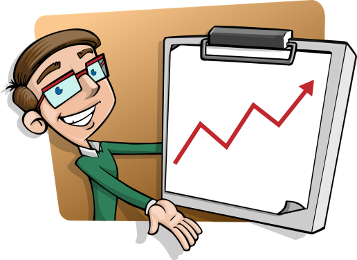 a man smiling and showing a chart on a clipboard
