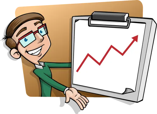 a man smiling and showing a chart on a clipboard