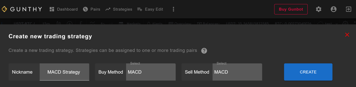 Gunbot MACD Strategy creation on GUI