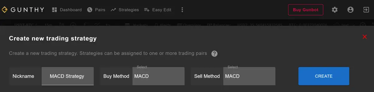Gunbot MACD Strategy creation on GUI