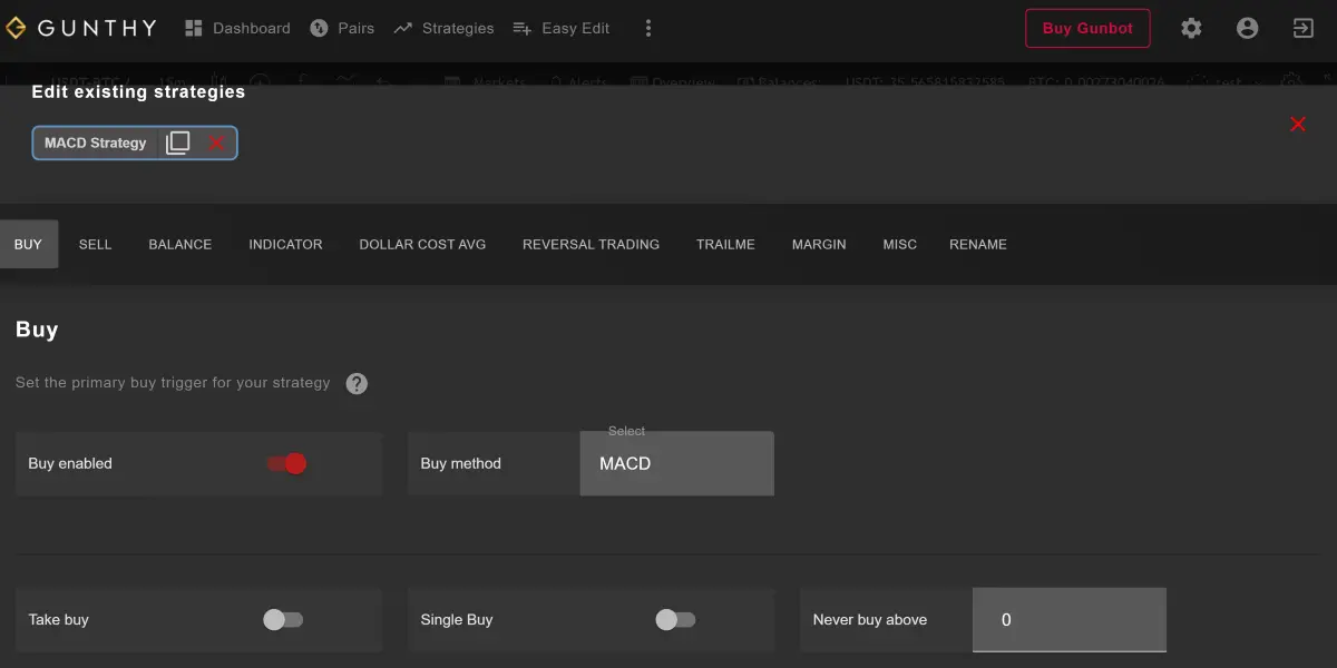 Gunbot MACD Strategy buy settings on Gunbot GUI