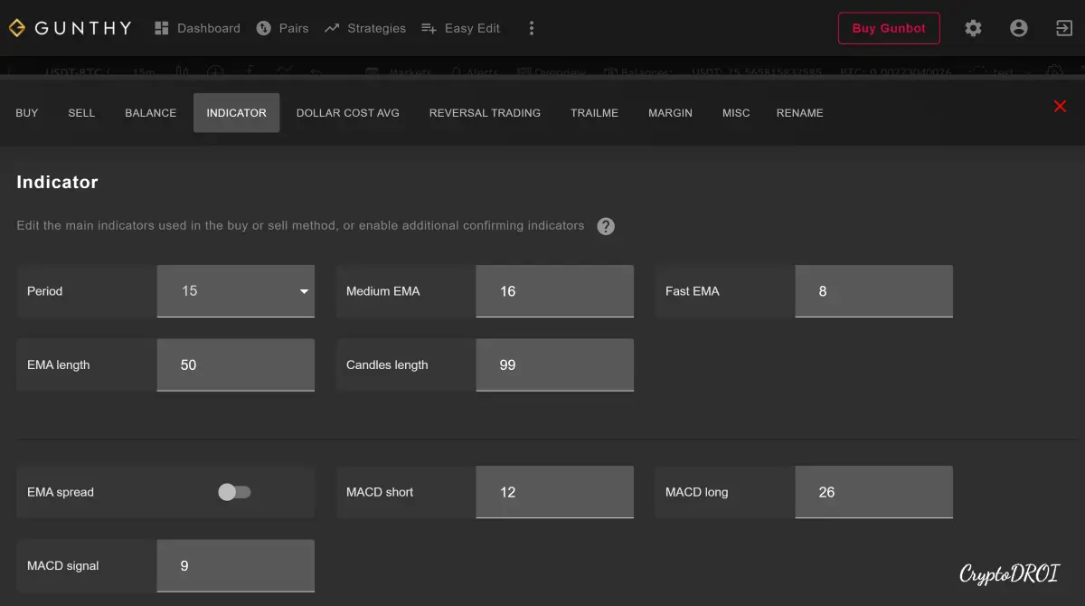 Gunbot MACD strategy indicators settings on GUI