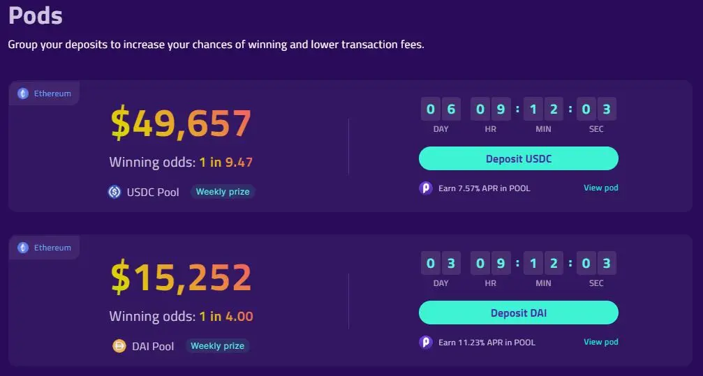 Pool Together Pods (https://app.pooltogether.com/pods)