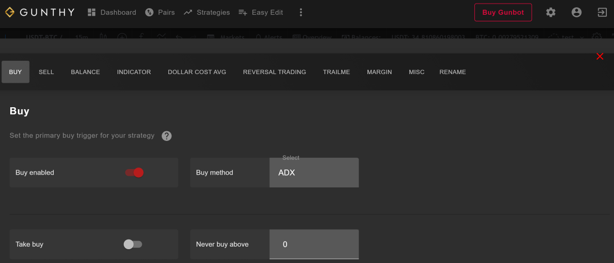 Gunbot ADX strategy buy settings on GUI