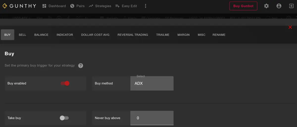 Gunbot ADX strategy buy settings on GUI