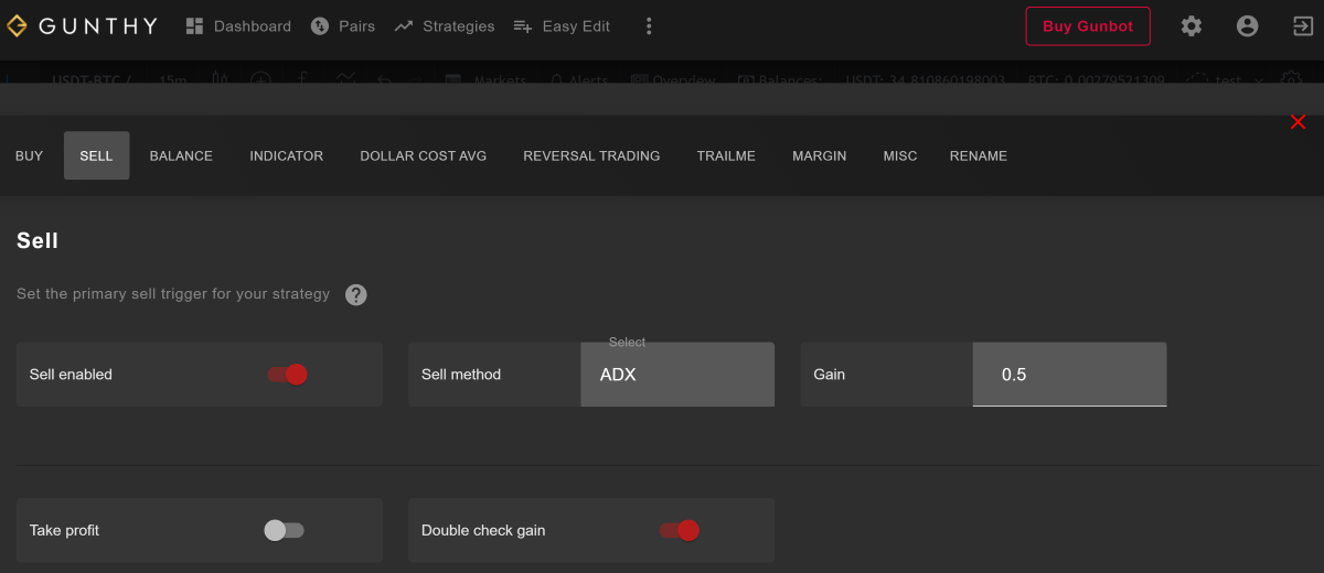 Gunbot ADX strategy sell settings on GUI