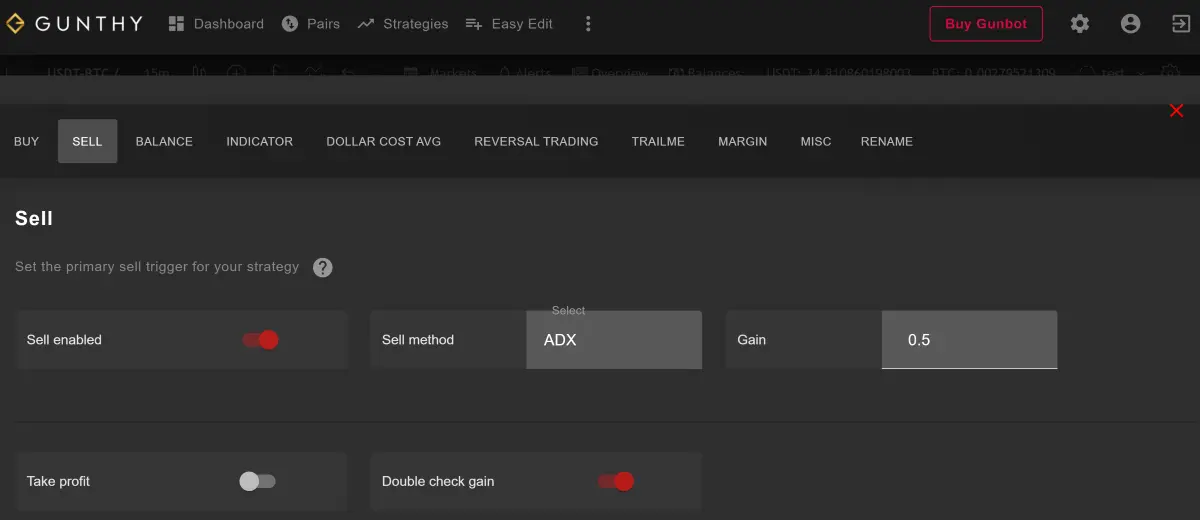 Gunbot ADX strategy sell settings on GUI