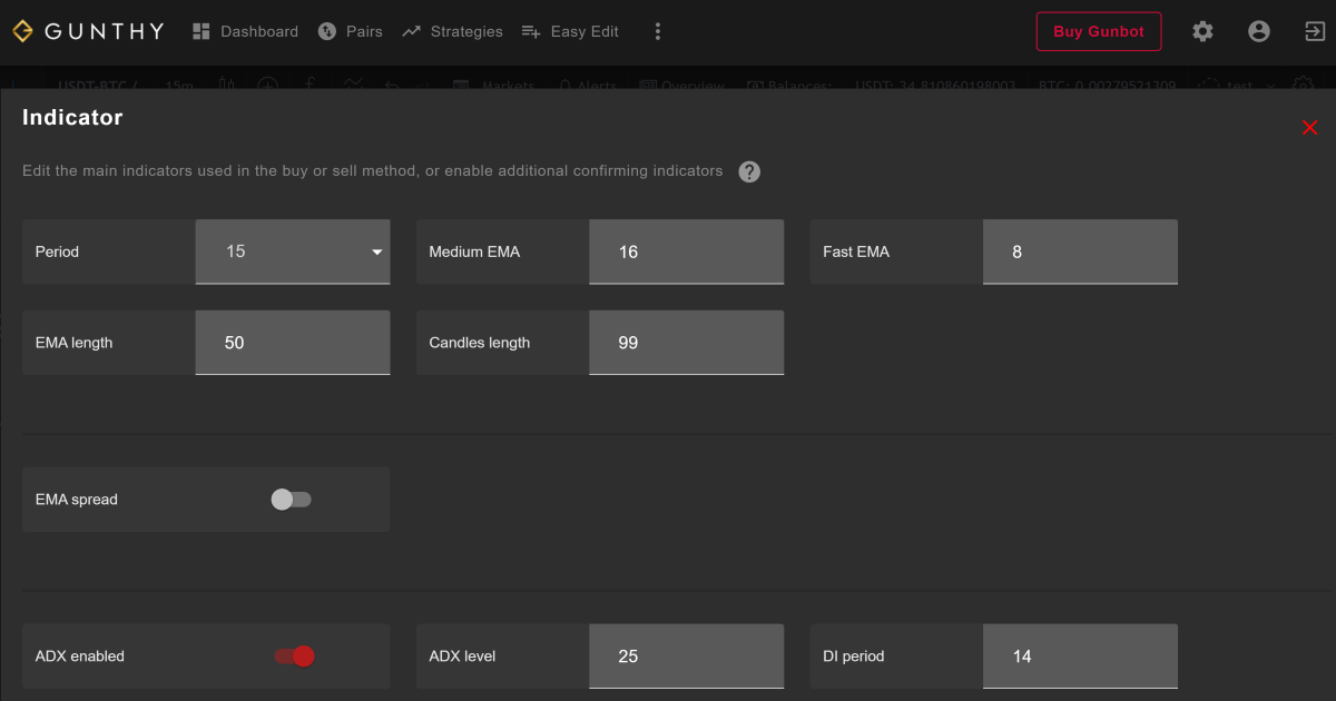 Gunbot ADX strategy indicators setting on GUI
