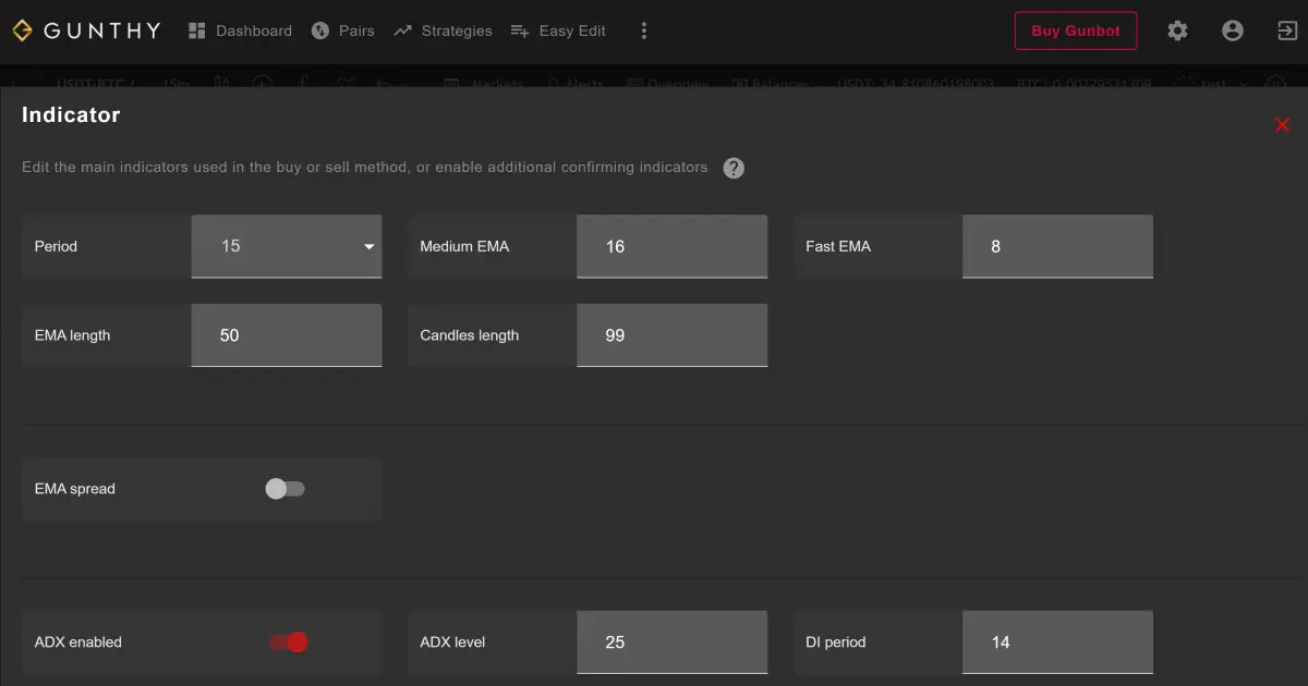 Gunbot ADX strategy indicators setting on GUI