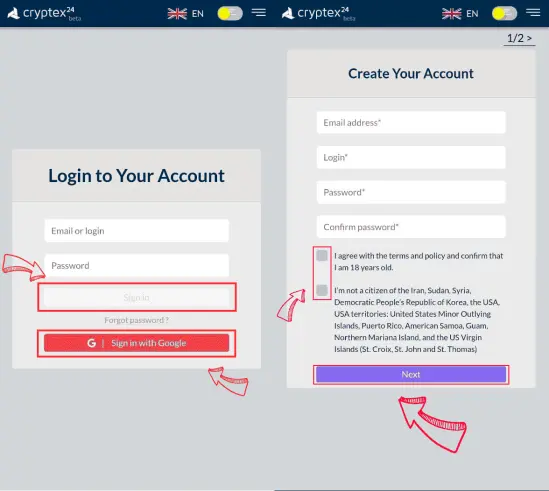 Registration and Login in Crytex24