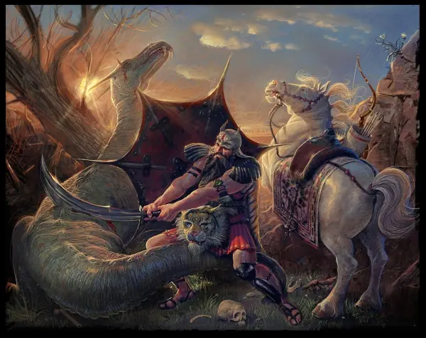 Rostam slaying the Dragon in the Shahnameh. Visible is his horse, Rakhsh