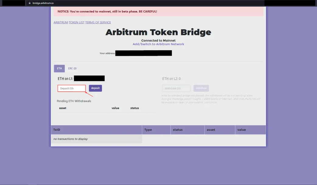 arbitrum bridge display after connecting metamask