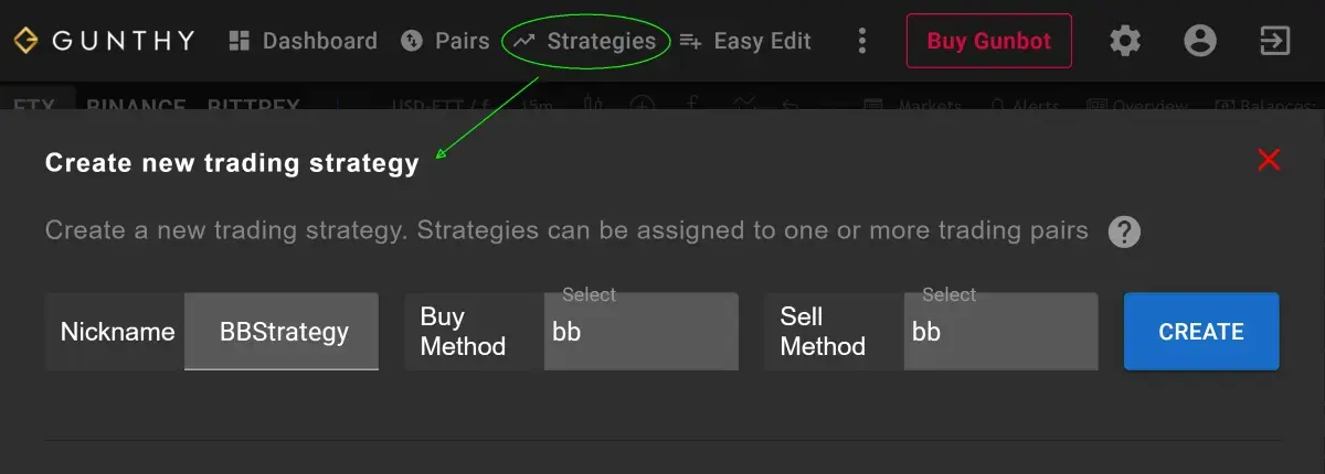 Create the Bollinger Bands Strategy on Gunbot GUI