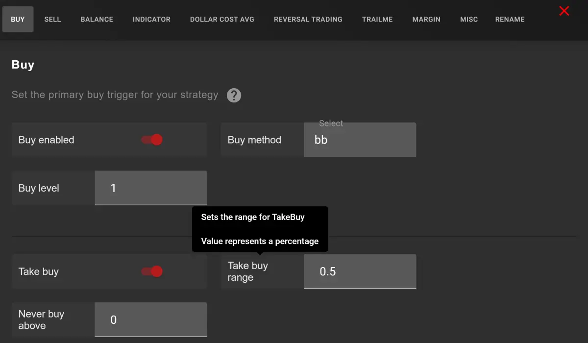 Gunbot Bollinger Bands Strategy BUY settings on GUI