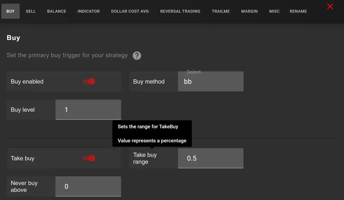 Gunbot Bollinger Bands Strategy BUY settings on GUI