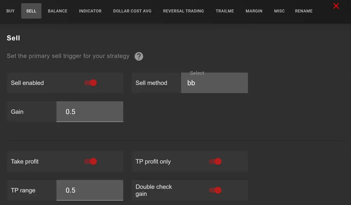 Gunbot Bollinger Bands Strategy SELL settings on GUI