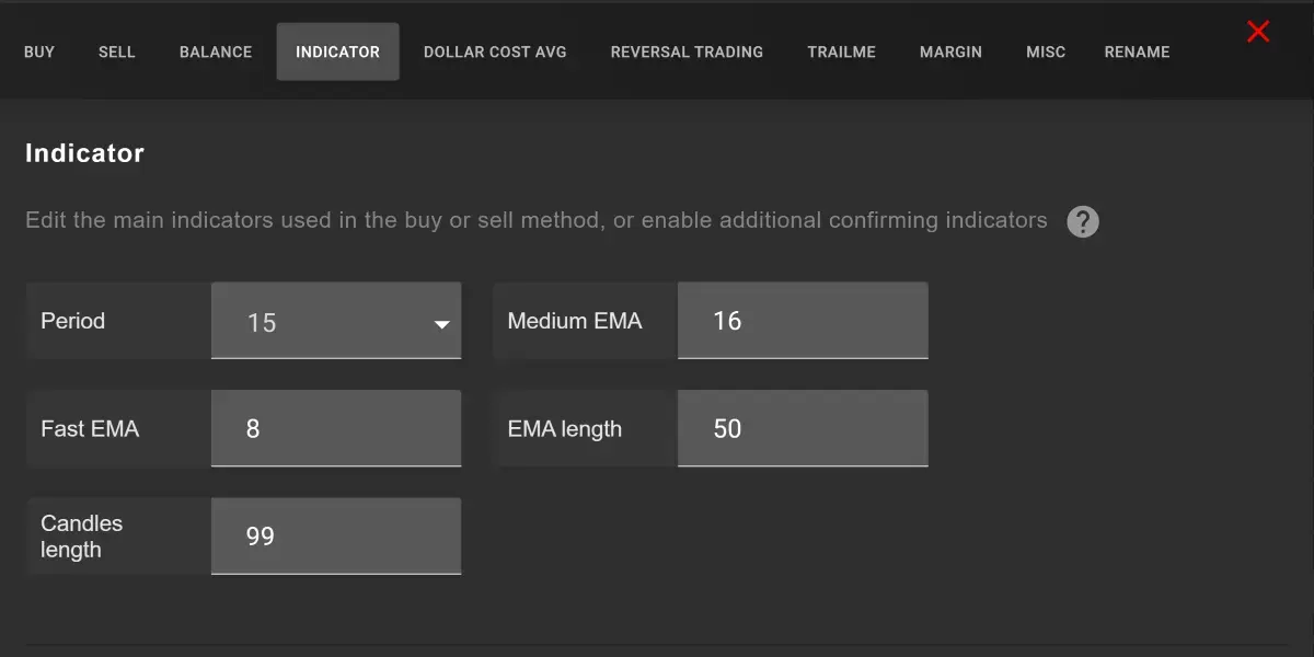 Gunbot Bollinger Bands Strategy Indicators settings on GUI