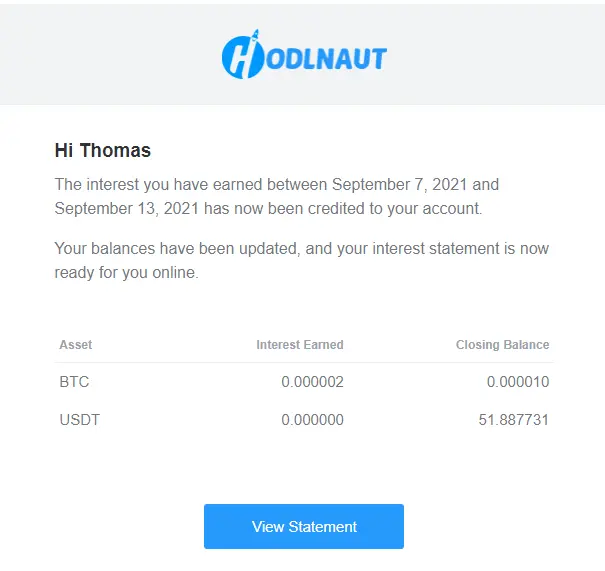 HODLN Email Statement Example