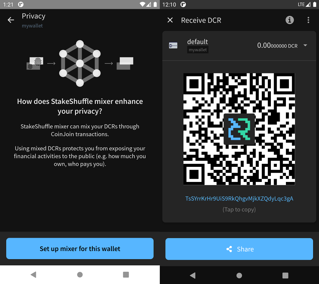 dcrandroid Privacy and Receive on the dark side