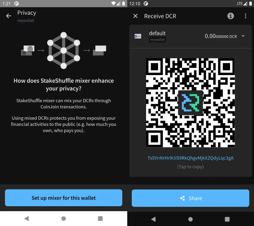 dcrandroid Privacy and Receive on the dark side