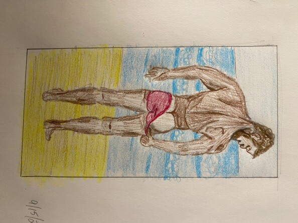 Man showing his tan line on the beach - colored pencil