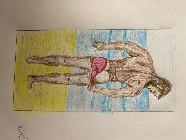 Man showing his tan line on the beach - colored pencil