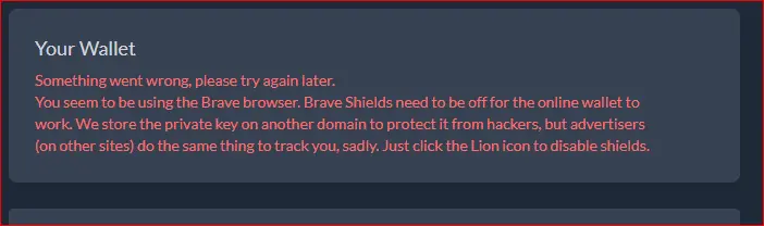 Disable Brave Shield to access Online Wallet