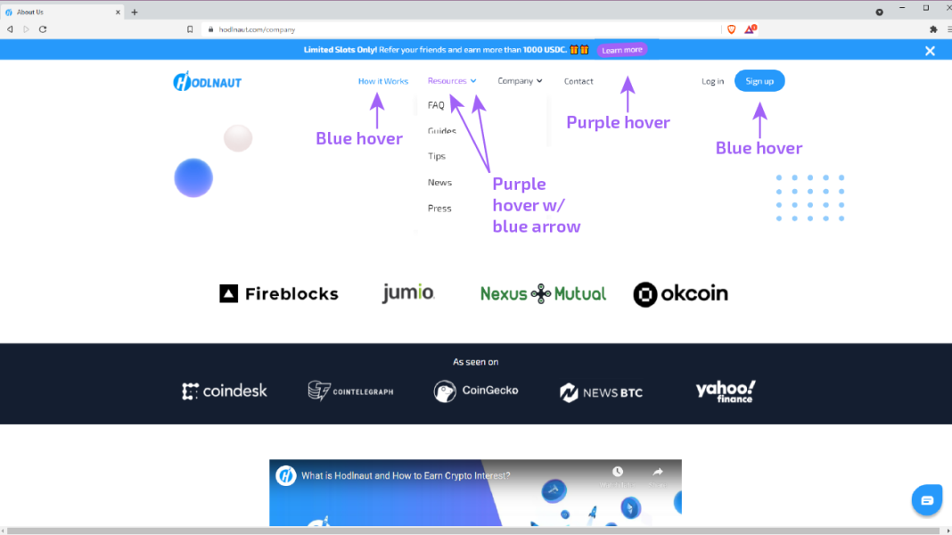 Hodlnaut inconsistent hover states purple and blue