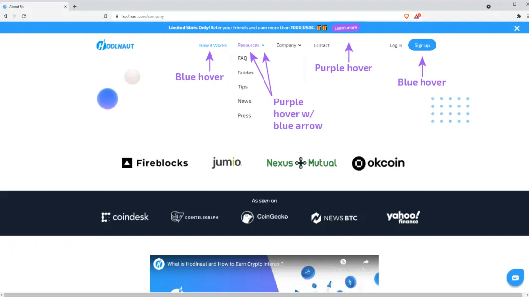 Hodlnaut inconsistent hover states purple and blue