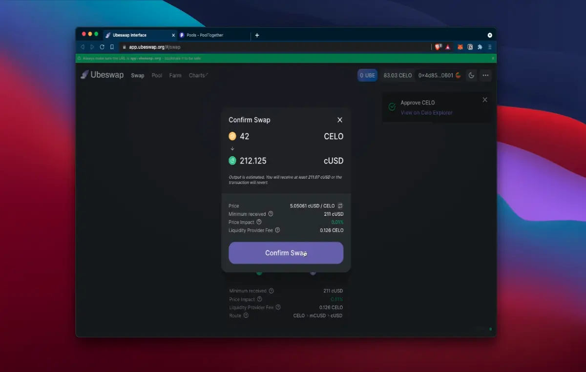 Ubeswap Celo to cUSD