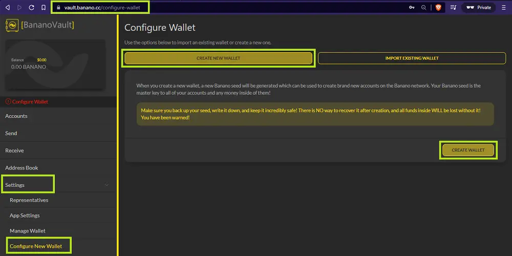 Create New Wallet on BananoVault - udinxyz