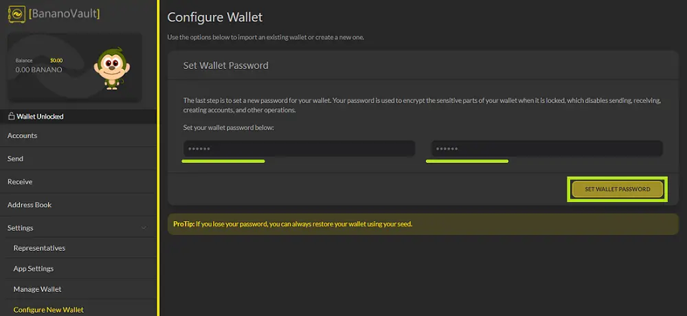 Set your password on BananoVault - udinxyz