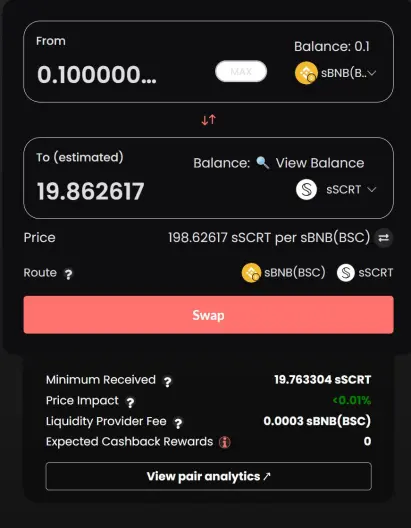 swap sBNB for sSCRT