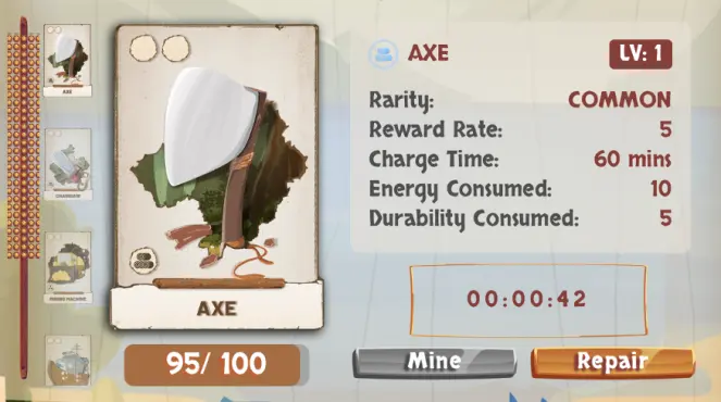 Farmers World Axe Information (Rarity, Reward Rate, Charge Time, Energy and Durability Consumed