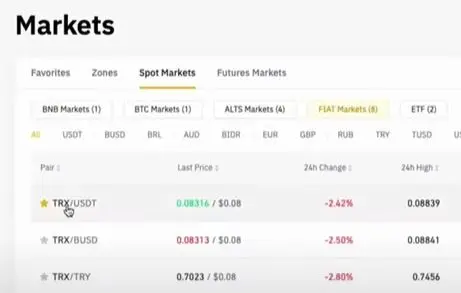 Binance Markets Spot Market TRX