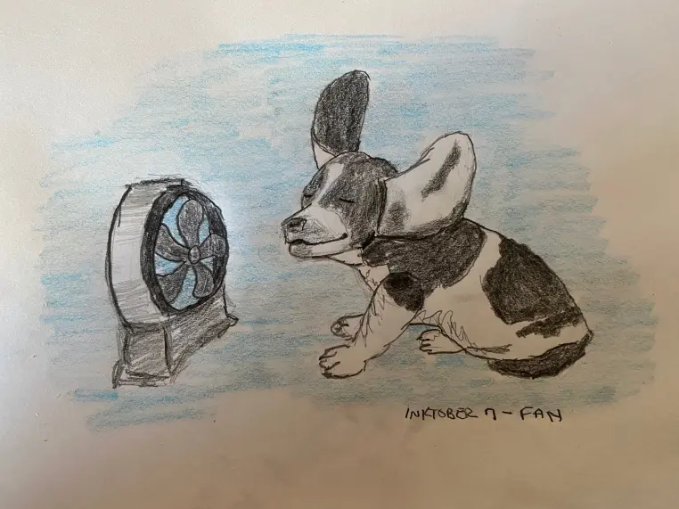 Puppy enjoying the breeze from a fan - pencil and colored pencil