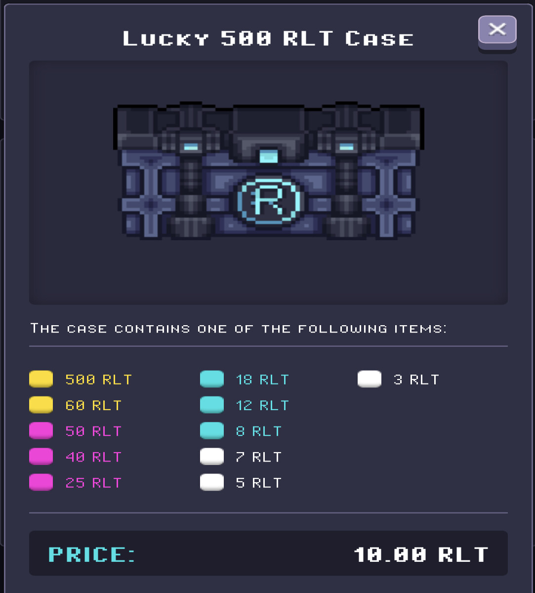Possible contents of the 10RLT loot box, which is random RLT increments up to 500RLT