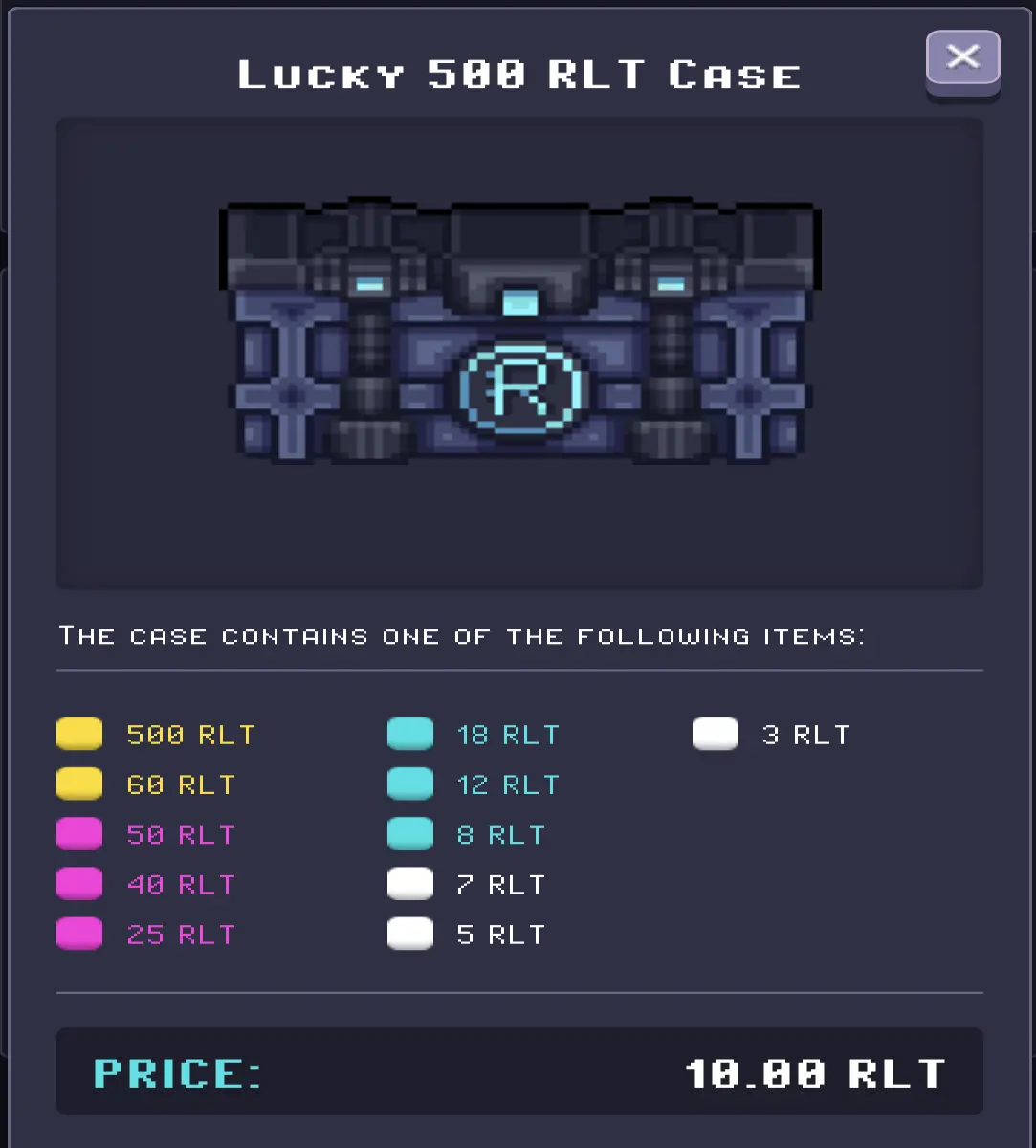 Possible contents of the 10RLT loot box, which is random RLT increments up to 500RLT